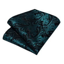 Luxury Black Cyan-Blue Floral Men's Tie Handkerchief Cufflinks Clip Set