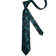 Luxury Black Cyan-Blue Floral Men's Tie Handkerchief Cufflinks Clip Set