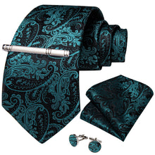 Luxury Black Cyan-Blue Floral Men's Tie Handkerchief Cufflinks Clip Set