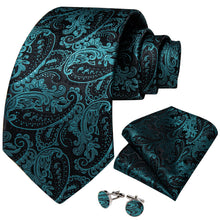 Luxury Black Blue Floral Men's Tie Pocket Square Cufflinks Set