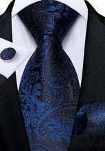 Luxury Black Blue Paisley Men's Tie Pocket Square Cufflinks Set