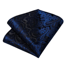 Luxury Black Blue Floral Men's Tie Handkerchief Cufflinks Clip Set