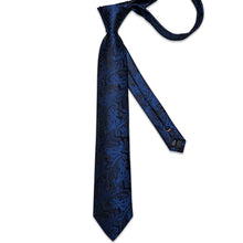 Luxury Black Blue Floral Men's Tie Handkerchief Cufflinks Clip Set