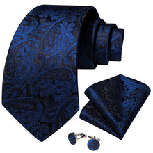 Luxury Black Blue Paisley Men's Tie Pocket Square Cufflinks Set
