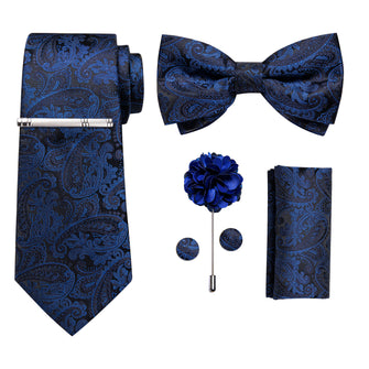 Dark Blue Floral Bowtie Necktie  Hanky Cufflinks Brooch Clip Set