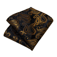 Black Golden Paisley Men's Tie Handkerchief Cufflinks Clip Set