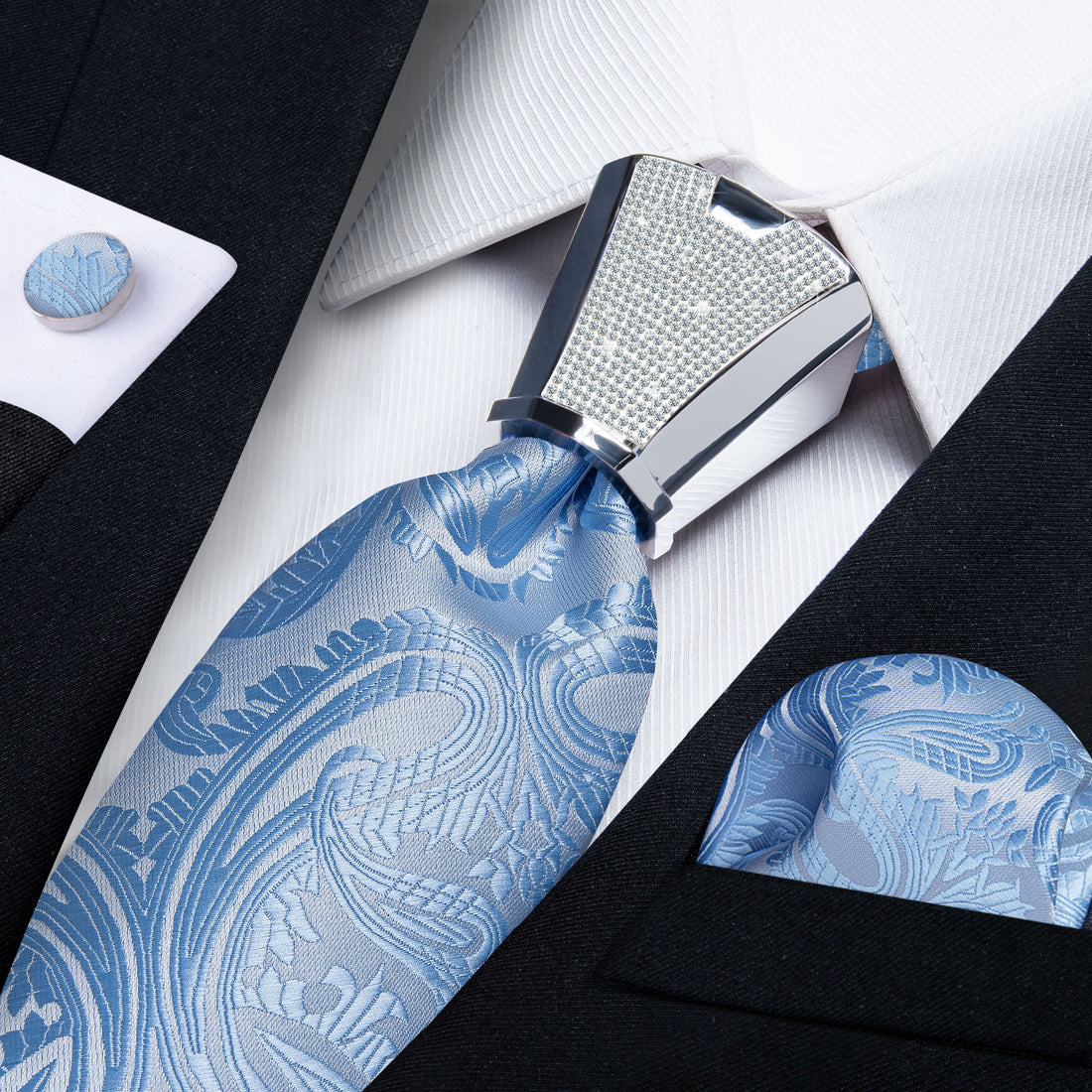 fashion dress suit tie set of light blue paisley men's silk ties pocket square cufflinks set with tie accessory ring set