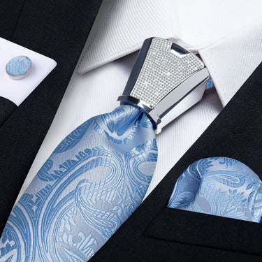 4PC Grey Blue Floral Men's Tie Handkerchief Cufflinks Accessory Set