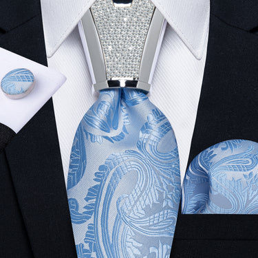 4PC Grey Blue Floral Men's Tie Handkerchief Cufflinks Accessory Set