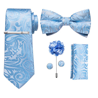 Sky Blue Floral Bowtie Necktie  Hanky Cufflinks Brooch Clip Set