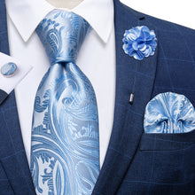 Sky Blue Floral Silk Men's Necktie Handkerchief Cufflinks Set With Lapel Pin Brooch Set