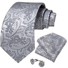 Luxury White Grey Men's Tie Pocket Square Cufflinks Set