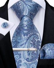 Luxury Silver Blue Floral Men's Tie Handkerchief Cufflinks Clip Set