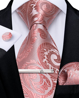 Luxury Pink Floral Men's Tie Handkerchief Cufflinks Clip Set