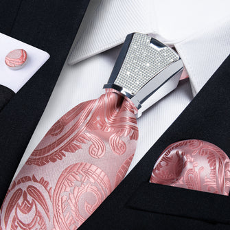 4PC Pink Floral Men's Tie Handkerchief Cufflinks Accessory Set