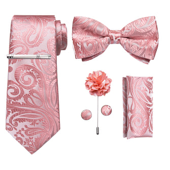 Pink Floral Bowtie Necktie  Hanky Cufflinks Brooch Clip Set