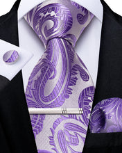 Grey Purple Floral Men's Tie Handkerchief Cufflinks Clip Set