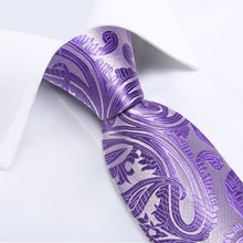 Grey Purple Floral Men's Tie Handkerchief Cufflinks Clip Set