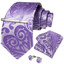 Grey Purple Floral Men's Tie Handkerchief Cufflinks Clip Set