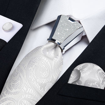 4PC White Floral Men's Tie Handkerchief Cufflinks Accessory Set