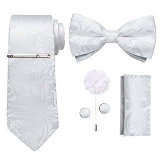 White Floral Bowtie Necktie  Hanky Cufflinks Brooch Clip Set