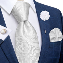 Pure White Floral Silk Men's Necktie Handkerchief Cufflinks Set With Lapel Pin Brooch Set