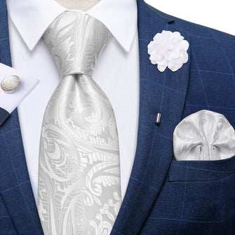 Pure White Floral Silk Men's Necktie Handkerchief Cufflinks Set With Lapel Pin Brooch Set