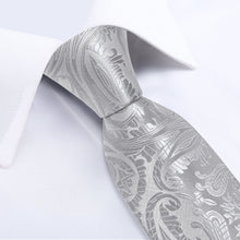 Grey Silver Floral Men's Tie Pocket Square Cufflinks Set