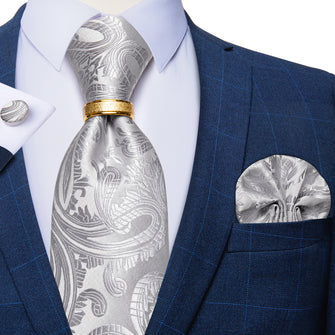 4PCS Silver Grey Paisley Men's Silk Tie Handkerchief Cufflinks With Tie Ring Set