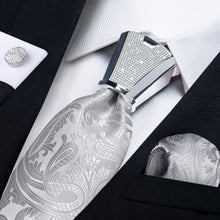 4PC Silver Grey Floral Men's Tie Handkerchief Cufflinks Accessory Set