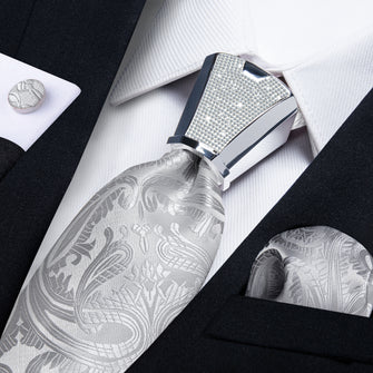 4PC Silver Grey Floral Men's Tie Handkerchief Cufflinks Accessory Set