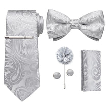 Silver Grey Floral Bowtie Necktie  Hanky Cufflinks Brooch Clip Set