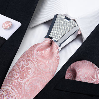4PC Pink White Paisley Men's Tie Handkerchief Cufflinks Accessory Set