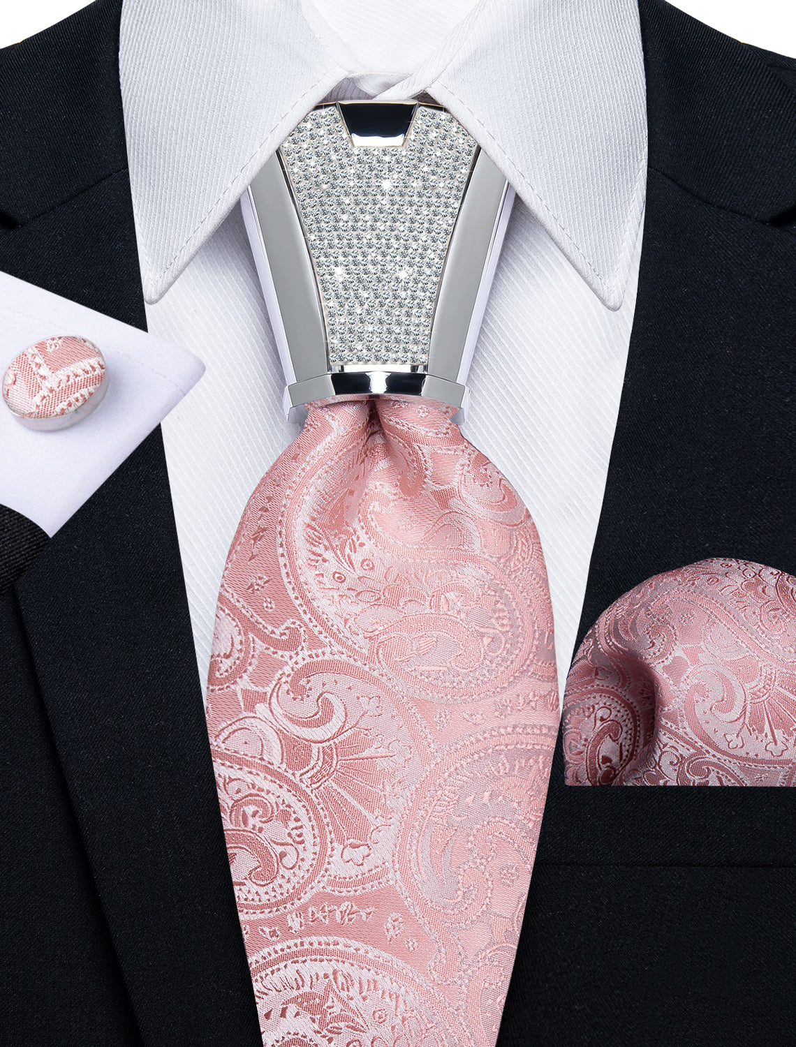 mens new fashion paisley baby pink tie pocket square cufflinks set for wedding or party