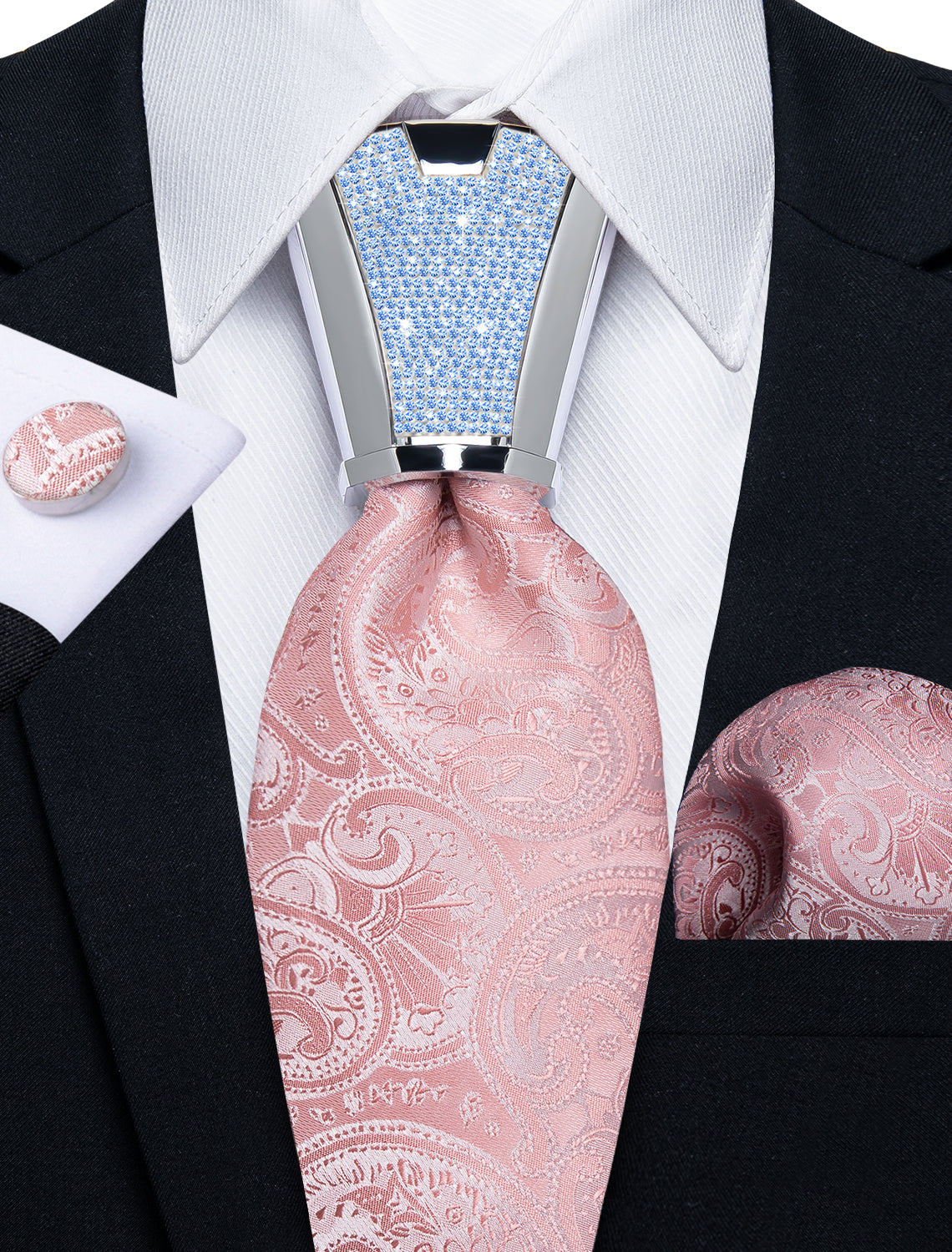 mens new fashion paisley baby pink tie pocket square cufflinks set for wedding or party