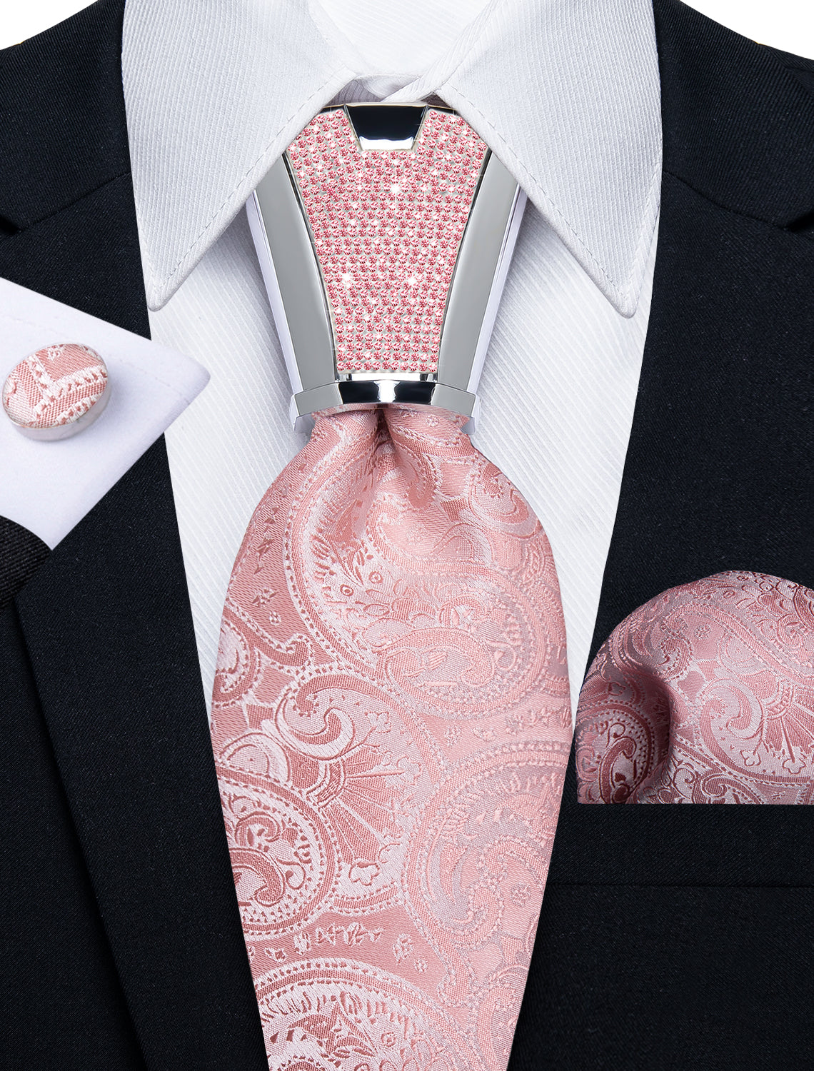 mens new fashion paisley baby pink tie pocket square cufflinks set for wedding or party