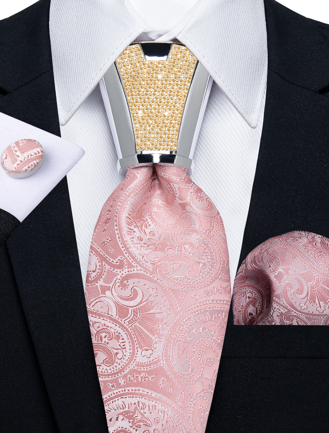mens new fashion paisley baby pink tie pocket square cufflinks set for wedding or party