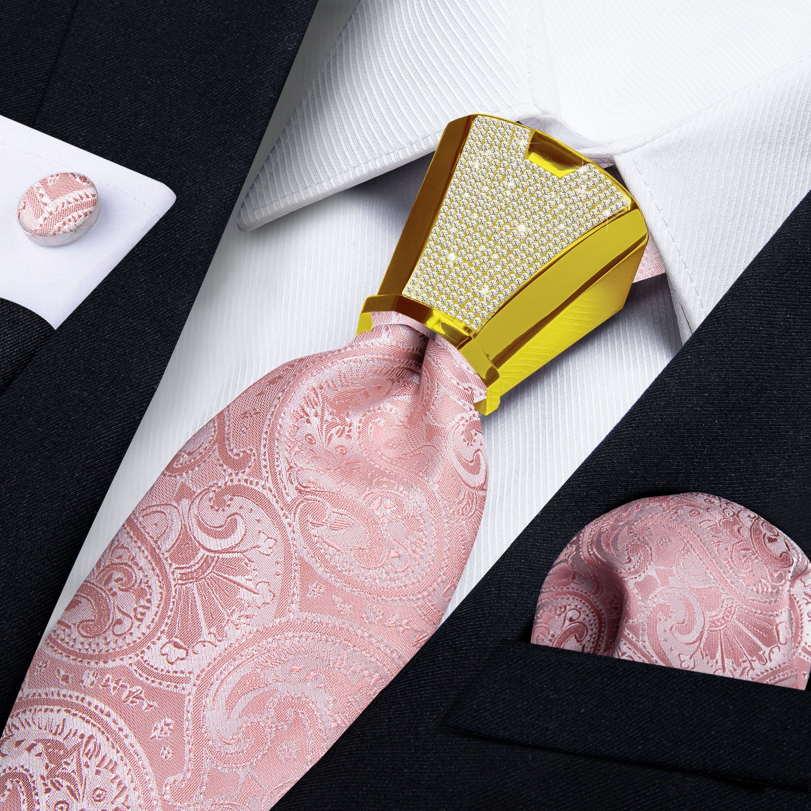 mens new fashion paisley baby pink tie pocket square cufflinks set for wedding or party