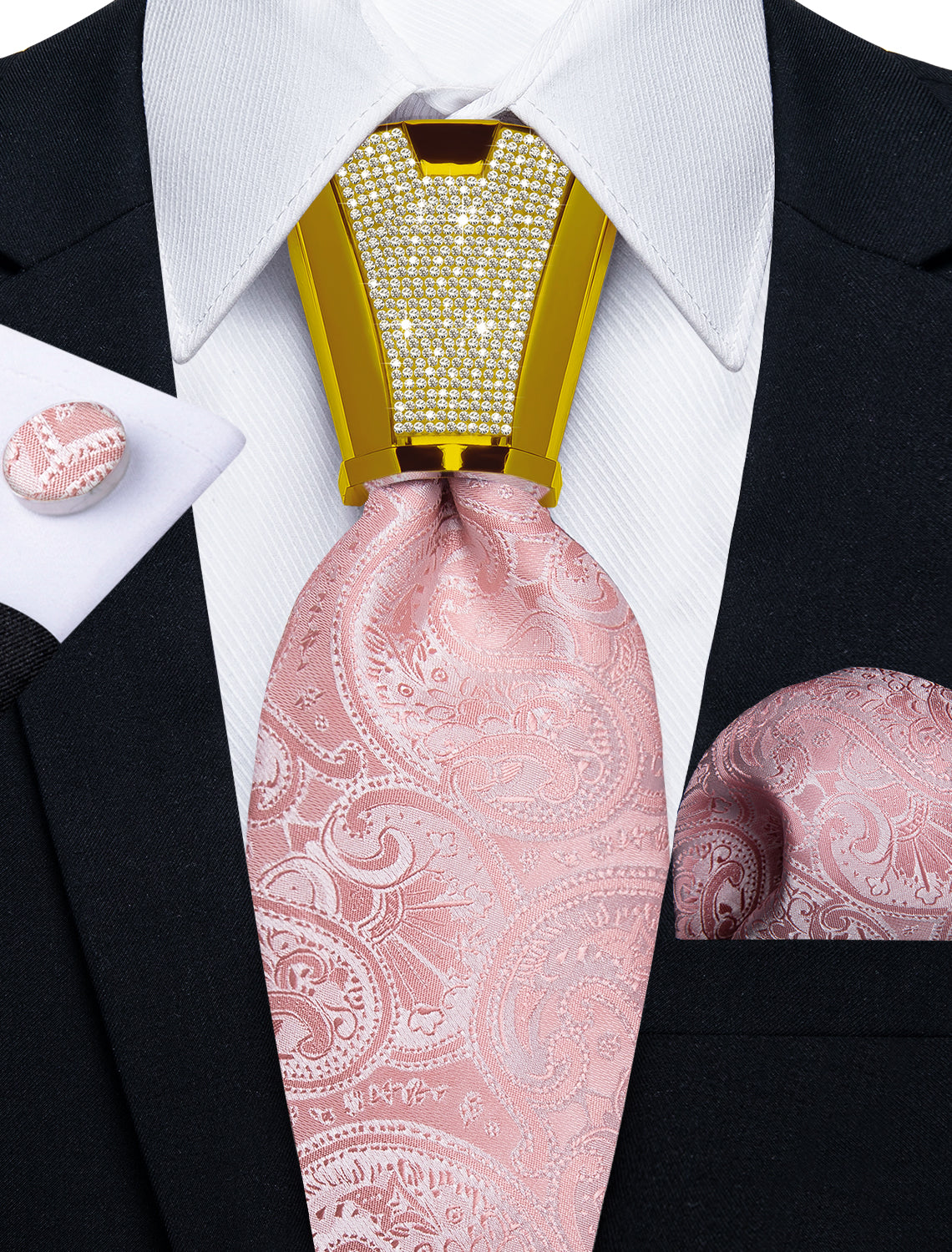 mens new fashion paisley baby pink tie pocket square cufflinks set for wedding or party