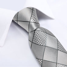 Silver Grey Lattice Men's Tie Handkerchief Cufflinks Clip Set