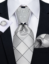 4PC Silver Grey Stripe Lattice Men's Tie Handkerchief Cufflinks Accessory Set
