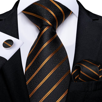 Black Pattern With Golden Stripes Men's Tie Pocket Square Cufflinks Set