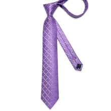 Classy Purple Lattice Men's Tie Pocket Square Cufflinks Clip Set