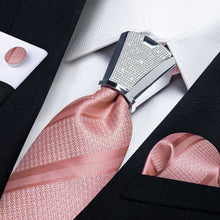 4PCS Pink Stripe Men's Tie Handkerchief Cufflinks Accessory Set