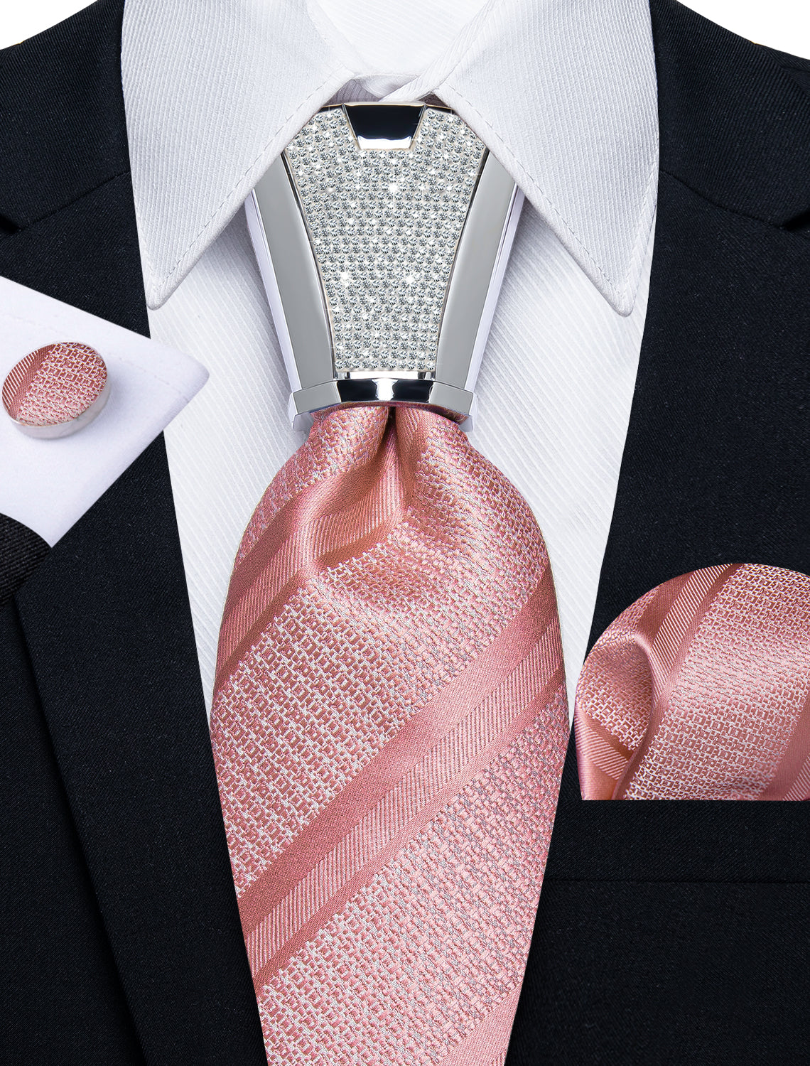 4PCS Pink Stripe Men's Tie Handkerchief Cufflinks Accessory Set