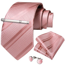 Luxury Pink Solid Stripe Men's Tie Handkerchief Cufflinks Clip Set