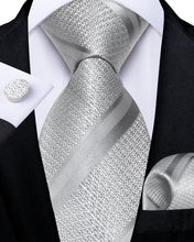 Luxury Silver Grey Solid Stripe Men's Tie Pocket Square Cufflinks Set