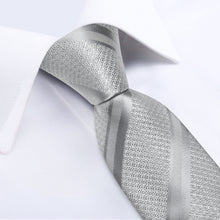 Luxury Grey Solid Stripe Men's Tie Handkerchief Cufflinks Clip Set