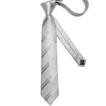 Luxury Grey Solid Stripe Men's Tie Handkerchief Cufflinks Clip Set