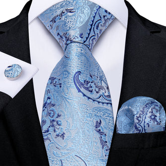 Classy Azure Floral Men's Tie Pocket Square Cufflinks Set